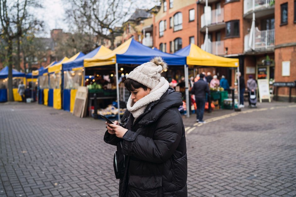 Camden Market London with colorful stalls and street food