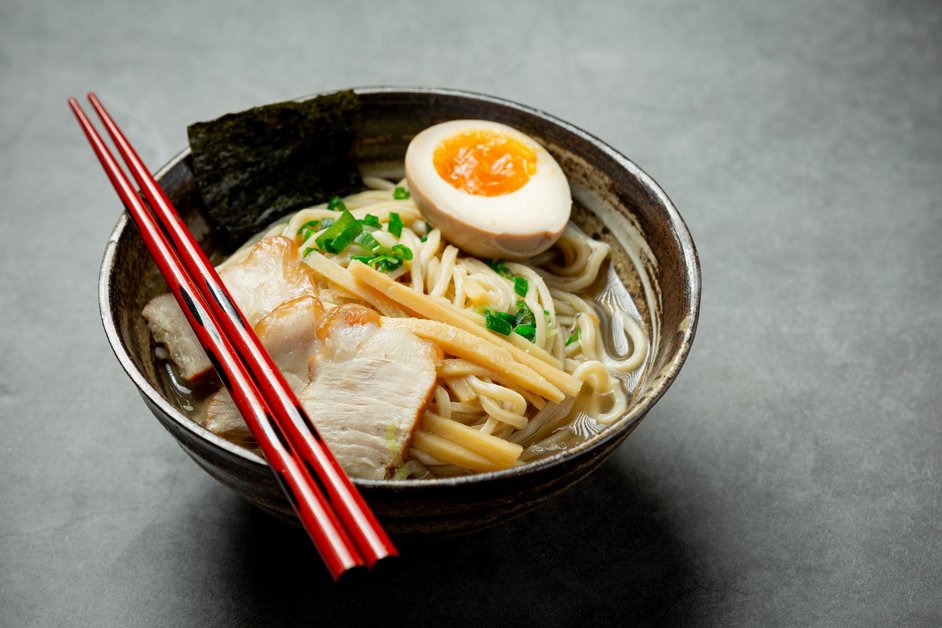 Bowl of authentic Japanese ramen with noodles, broth, and toppings