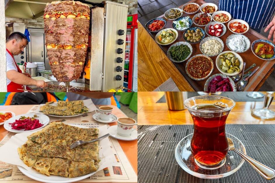 Traditional Turkish food and street eats including kebabs, baklava, simit, and Turkish tea in a local Istanbul market.