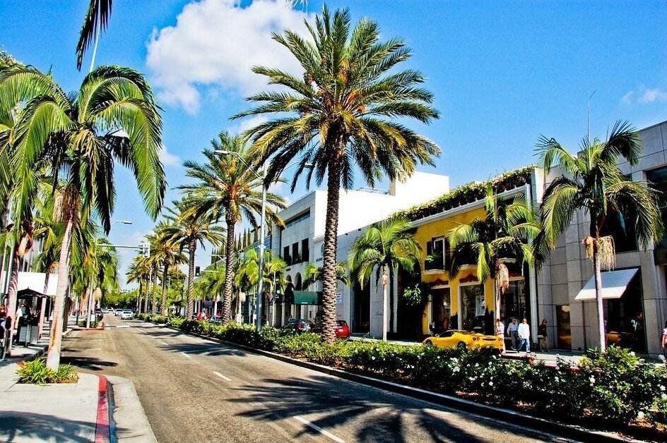  Rodeo Drive in Beverly Hills with luxury shops and palm trees