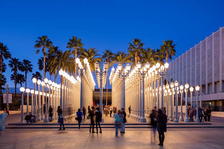  Los Angeles County Museum of Art exterior with iconic urban light installation