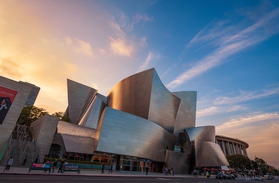 Walt Disney Concert Hall in downtown Los Angeles with modern steel architecture