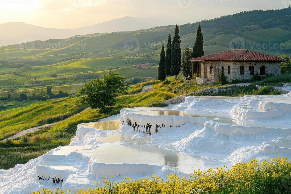 White terraces of Pamukkale, Turkey with natural thermal pools and stunning mineral formations.