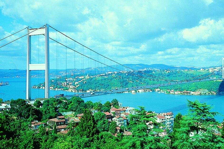 Bosphorus cruise in Istanbul, Turkey, showing boats sailing between Europe and Asia with city skyline views.
