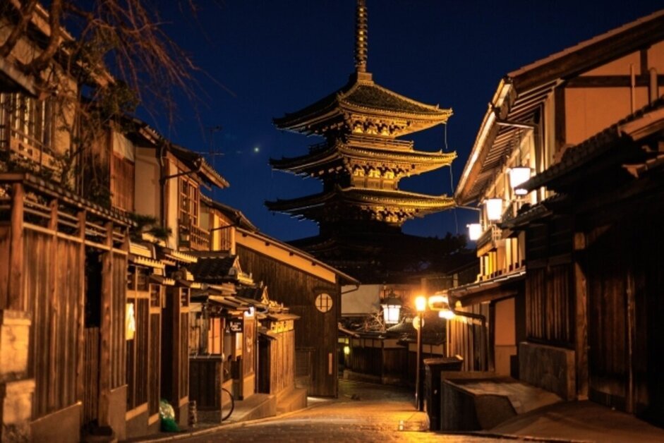 Things to do in Kyoto at night showing illuminated temples and city streets