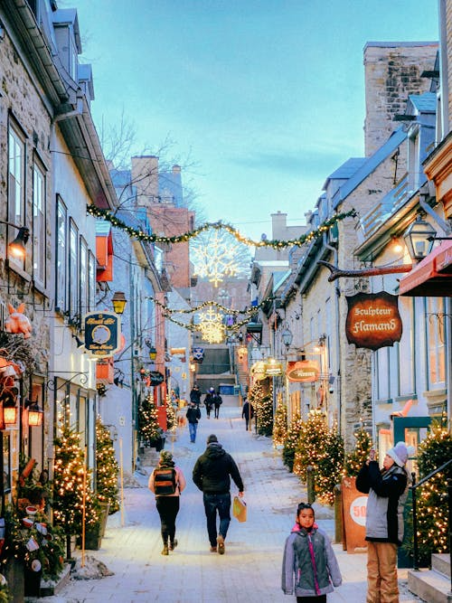 harming historic street in Toronto decorated with Christmas lights and small illuminated trees, featuring cozy shops and pedestrians walking during winter evening in the Old Town district.