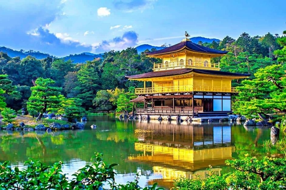 Kinkaku-ji Golden Pavilion in Kyoto surrounded by lush gardens and a reflective pond