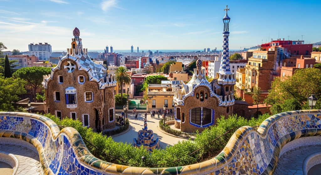 Beautiful aerial view of Barcelona city featuring sandy beach, clear blue Mediterranean Sea, palm-lined promenade, and iconic historic buildings along the coastline.