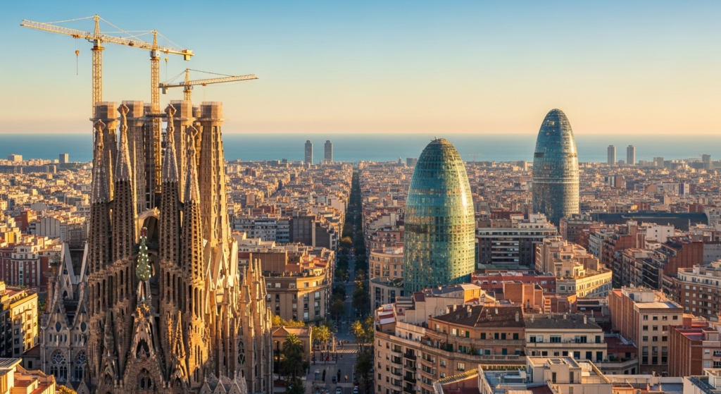 Sunny view of Barcelona city and coastline during spring season, showing clear blue skies and Mediterranean beach — best time to visit Barcelona Spain.