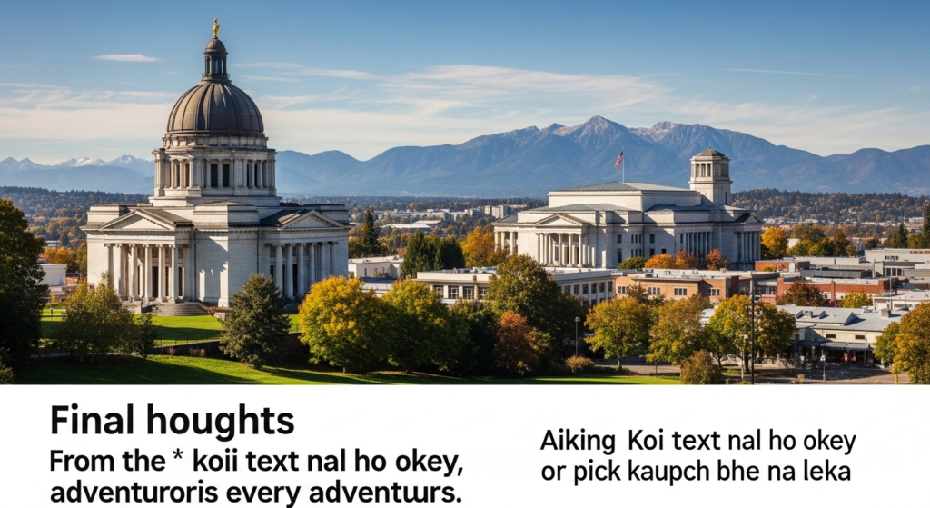 “View of the Washington State Capitol building in Olympia with a large dome, surrounded by city buildings, autumn trees, and mountains in the background under a clear blue sky.”