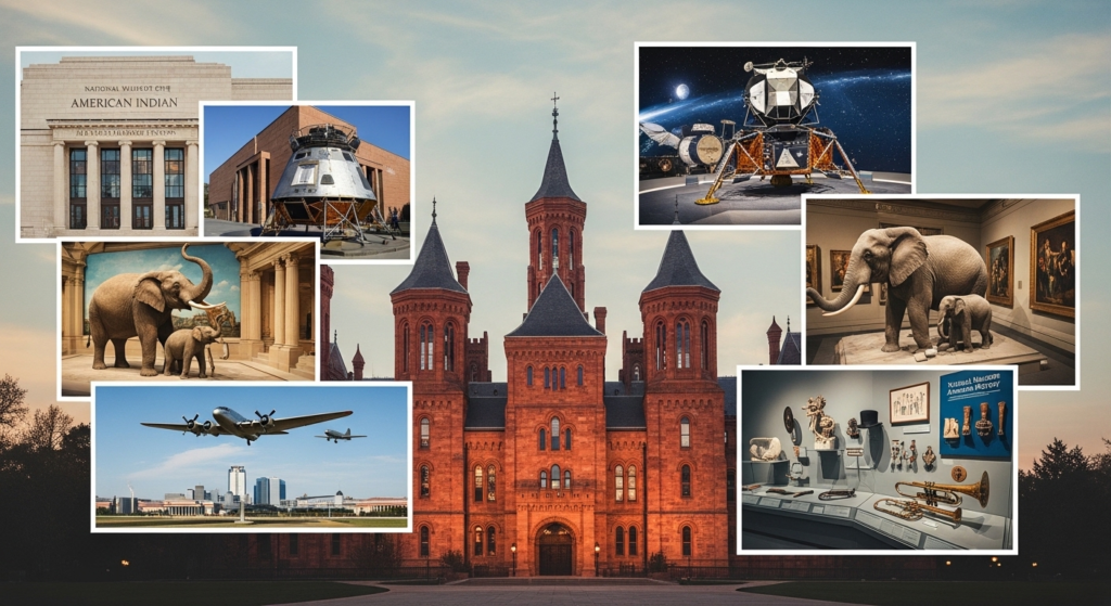 Smithsonian museums in Washington DC featuring the National Museum buildings, historic exhibits, aircraft displays, and cultural artifacts.