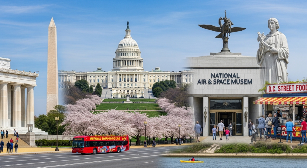 Top things to do in Washington DC featuring the Capitol Building, Washington Monument, Lincoln Memorial, and National Air and Space Museum with cherry blossoms and city attractions.