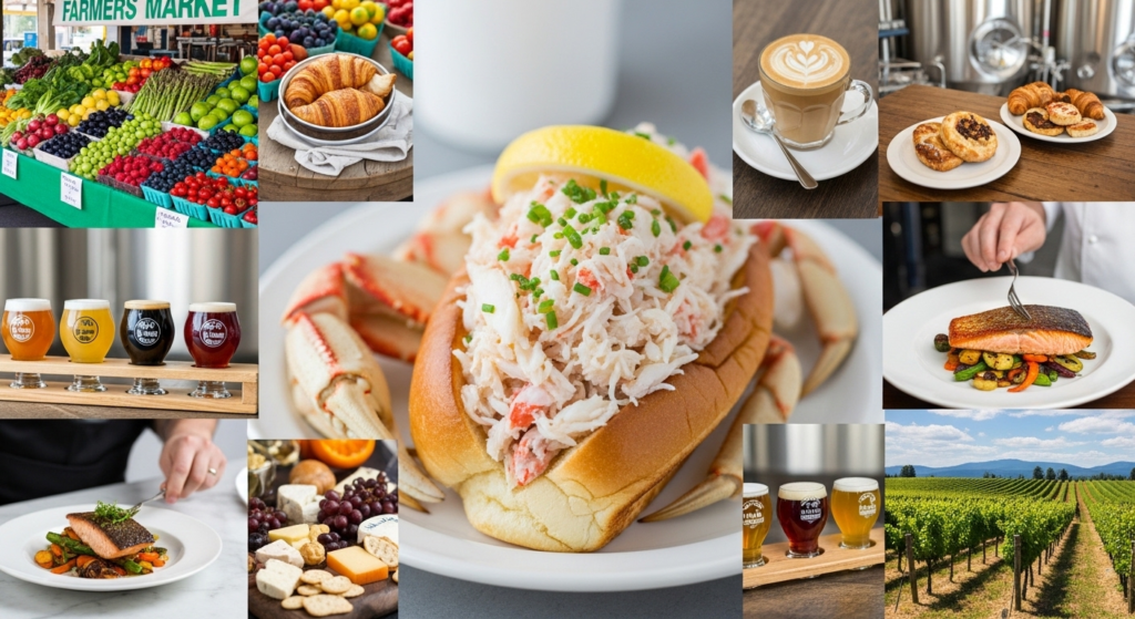 “Collage of Washington’s local food scene featuring a lobster roll, fresh fruits and vegetables at a farmers market, croissants, coffee, craft beer flights, pastries, gourmet dishes, cheese platter, and vineyard landscape.”