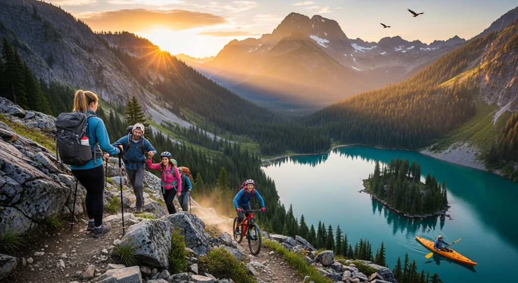 “Group of hikers and a cyclist on a mountain trail overlooking a beautiful turquoise lake surrounded by the Cascade Mountains at sunset, with forests, peaks, and a kayaker on the water.”
